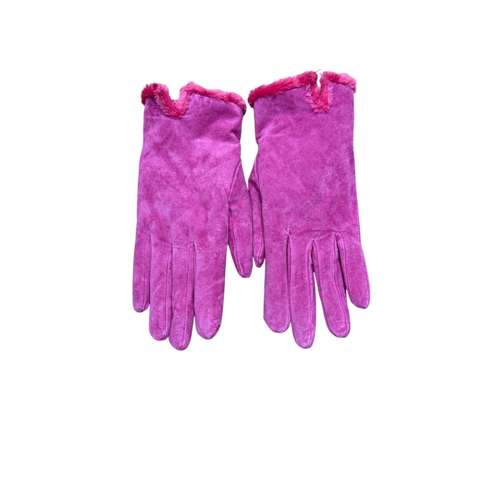 VTG Aris Isotoner Pink Genuine Pig Suede Fur Trim Winter Gloves Large Coquette
